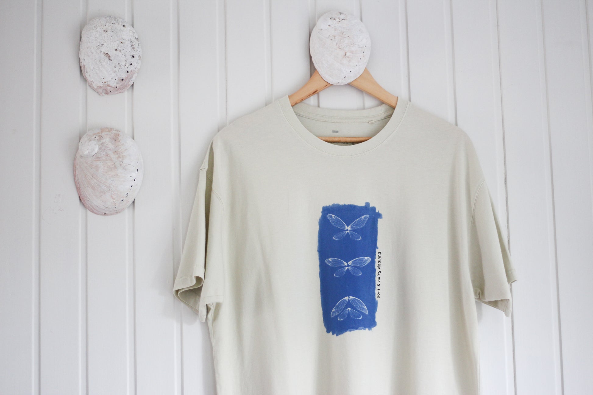 Hand-printed organic cotton tee with cicada wing silhouette