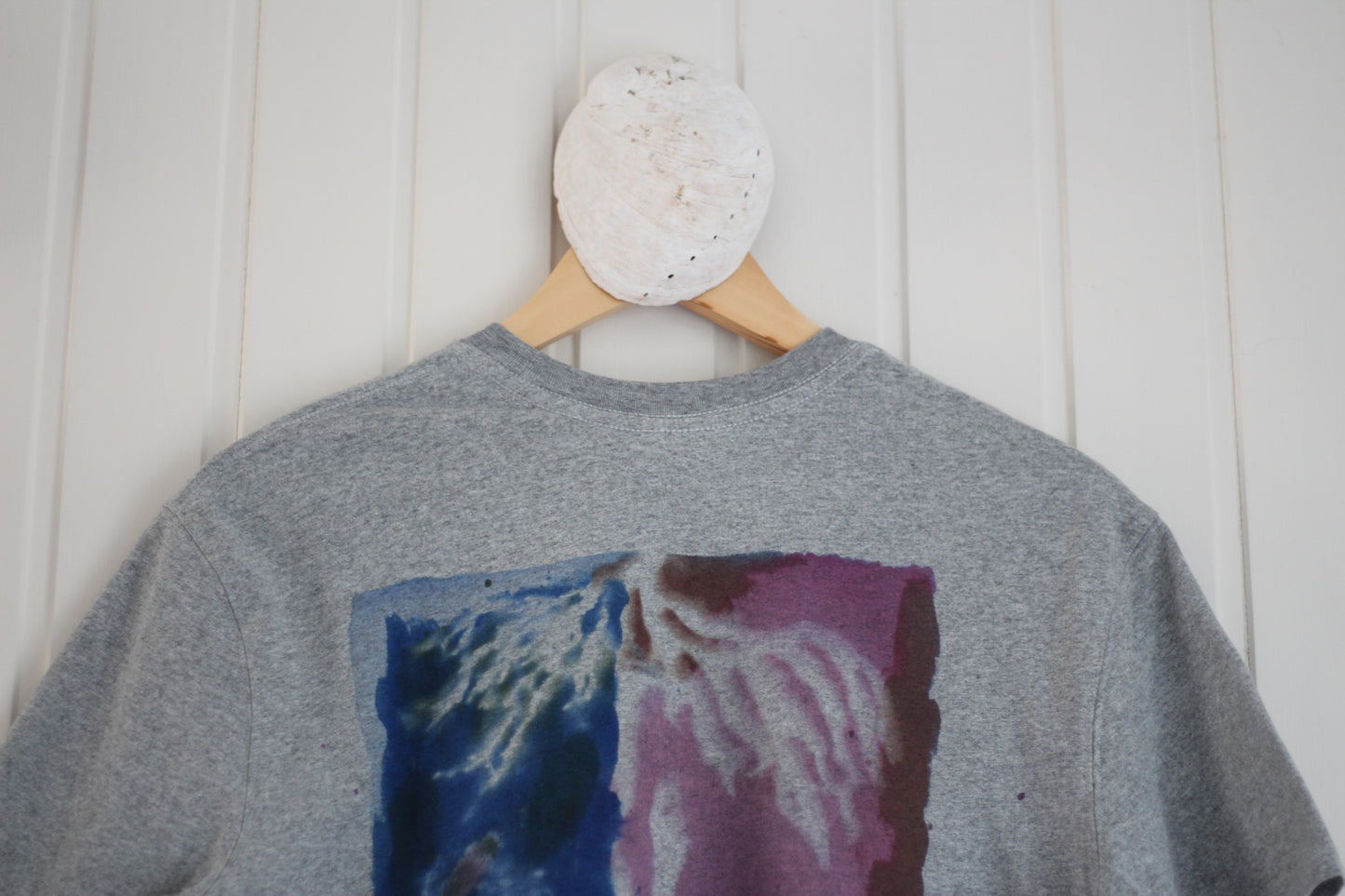 Gray t-shirt with colourful hand-printed ocean inspired design.