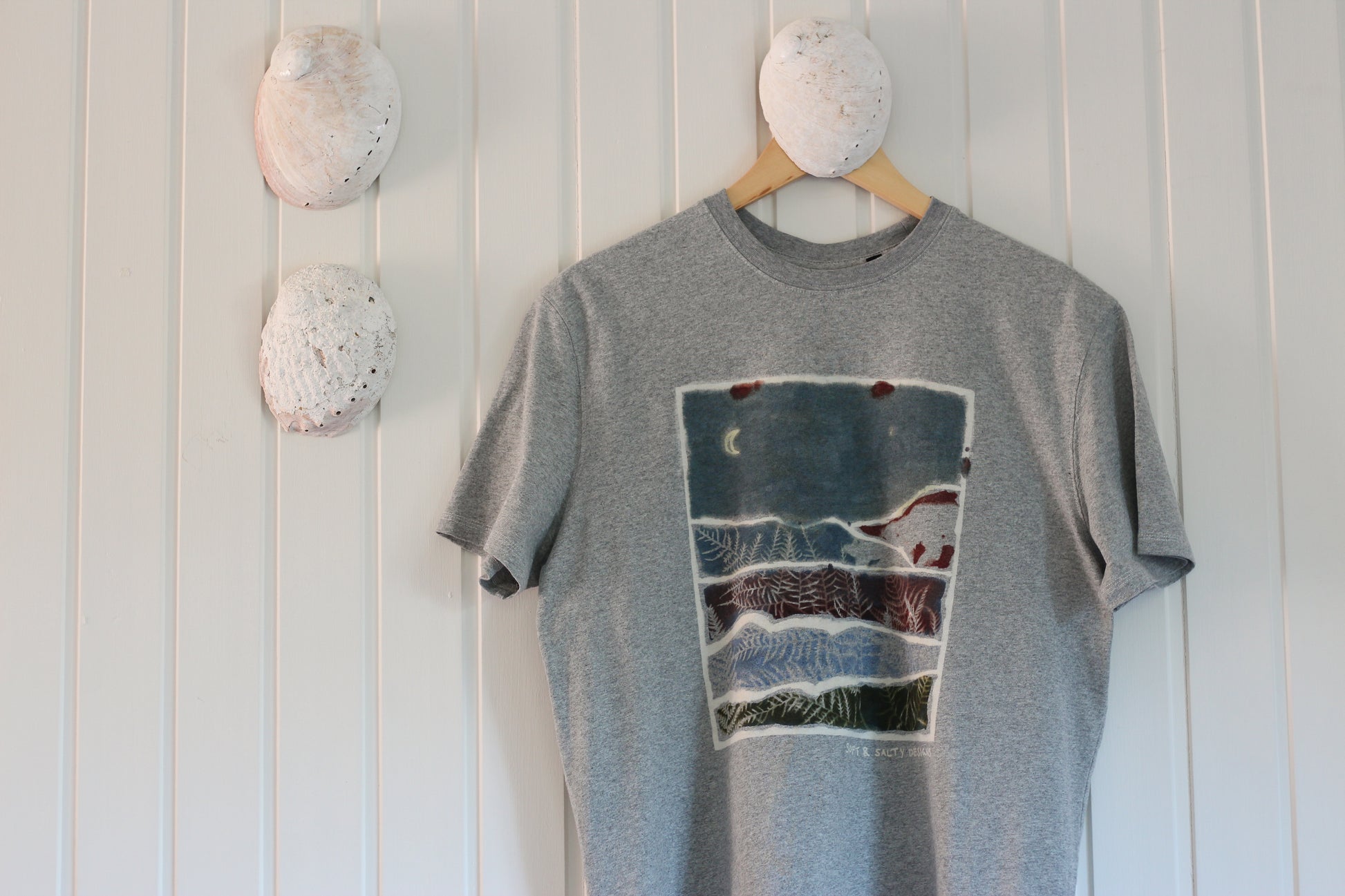 Organic t-shirt hand printed in Tasmania