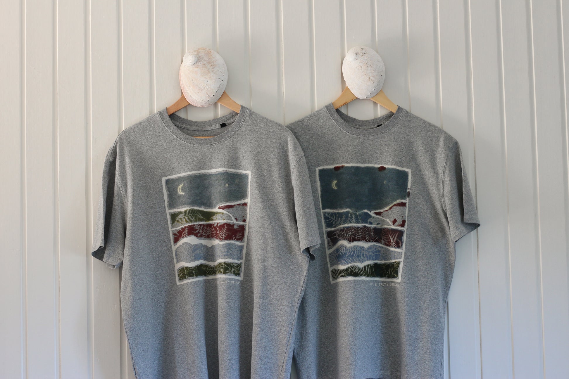 Hand-printed coastal t-shirt – "Woohoo Moon" tee front view