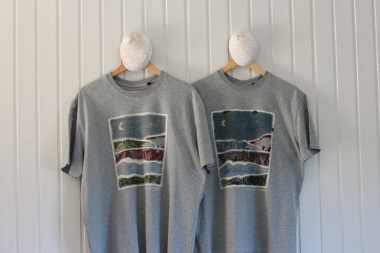 Hand-printed coastal t-shirt – "Woohoo Moon" tee front view