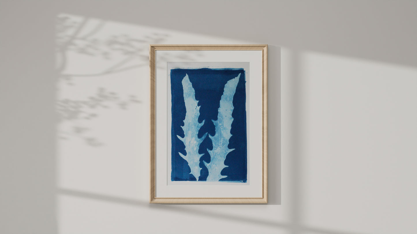 Aqua Cactus cyanotype art print displayed in a natural timber frame
