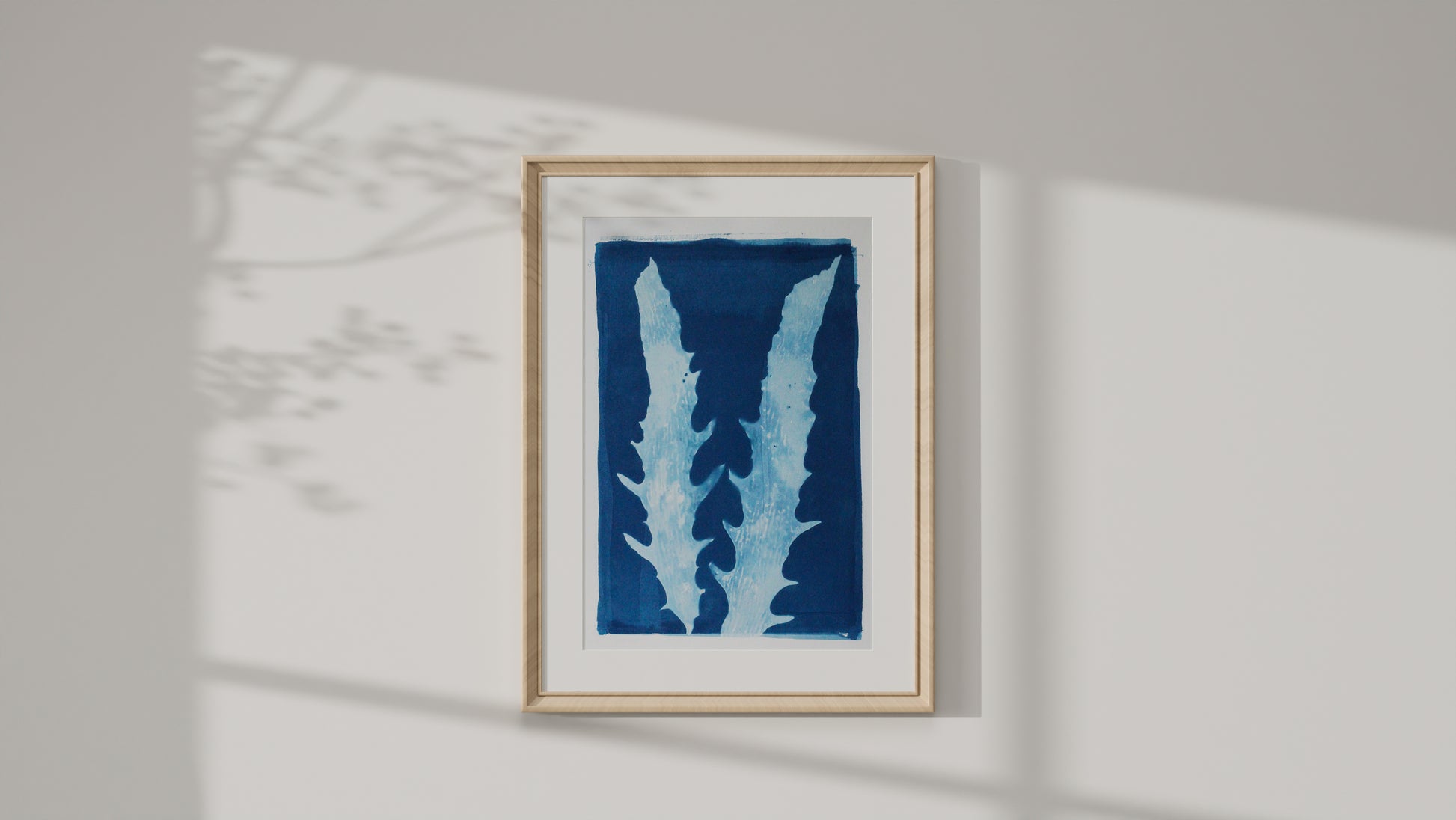 Aqua Cactus cyanotype art print displayed in a natural timber frame
