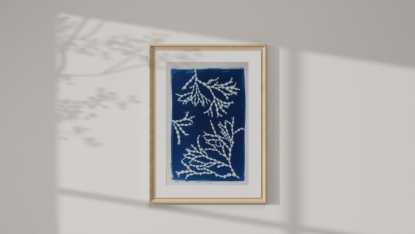 A framed art print featuring white coral or sea-plant motifs on a deep blue background, mounted on a light gray wall with soft shadow projections.