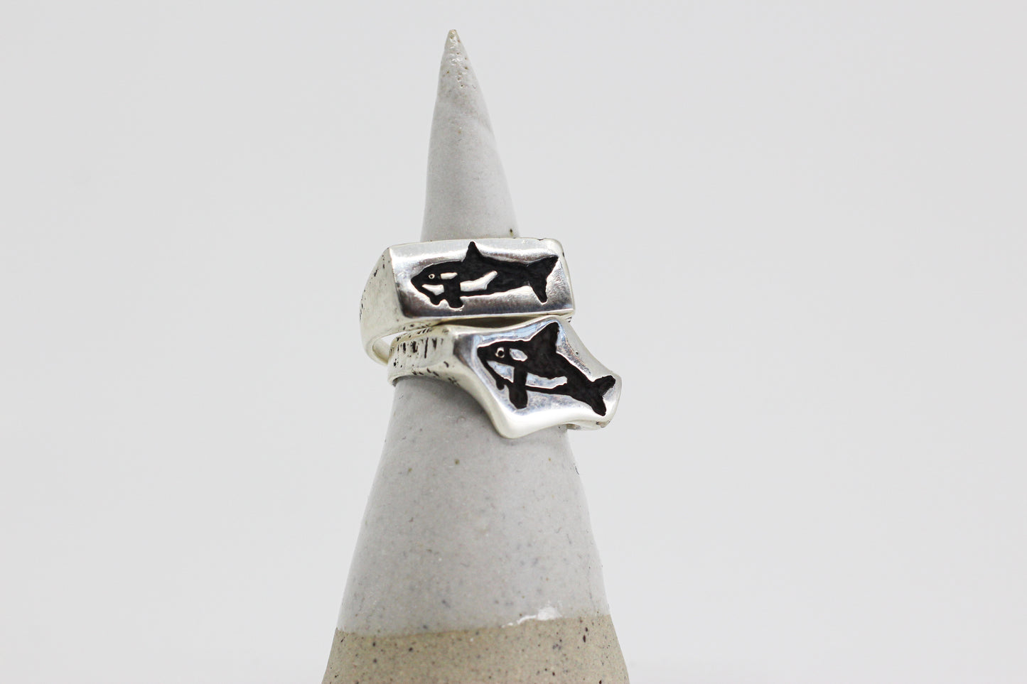 Silver ring engraved with an orca