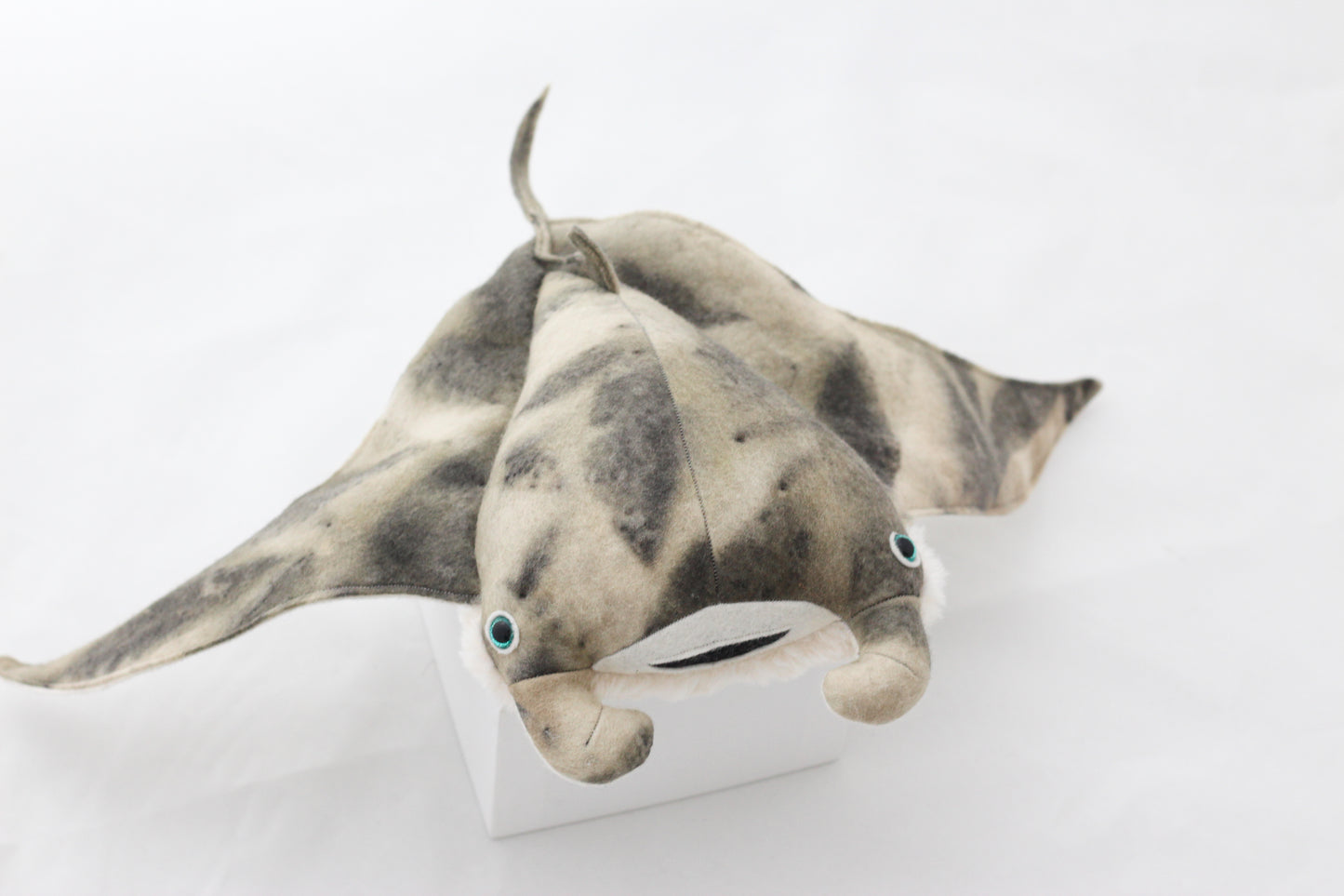 Plush toy manta ray with a white background