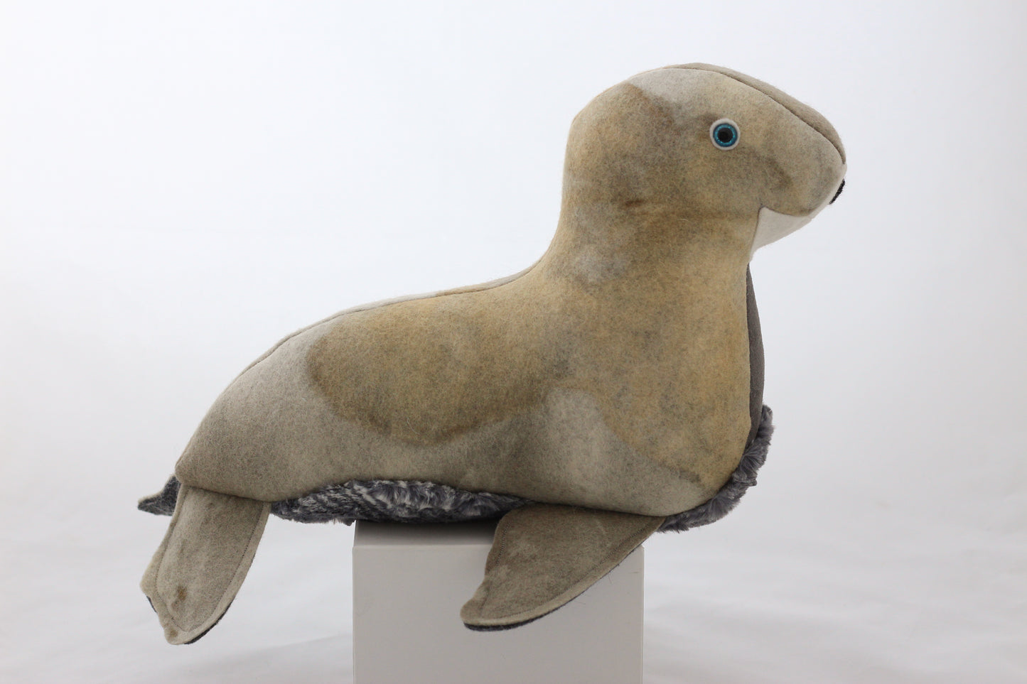 Plush toy seal on a white pedestal against a white background