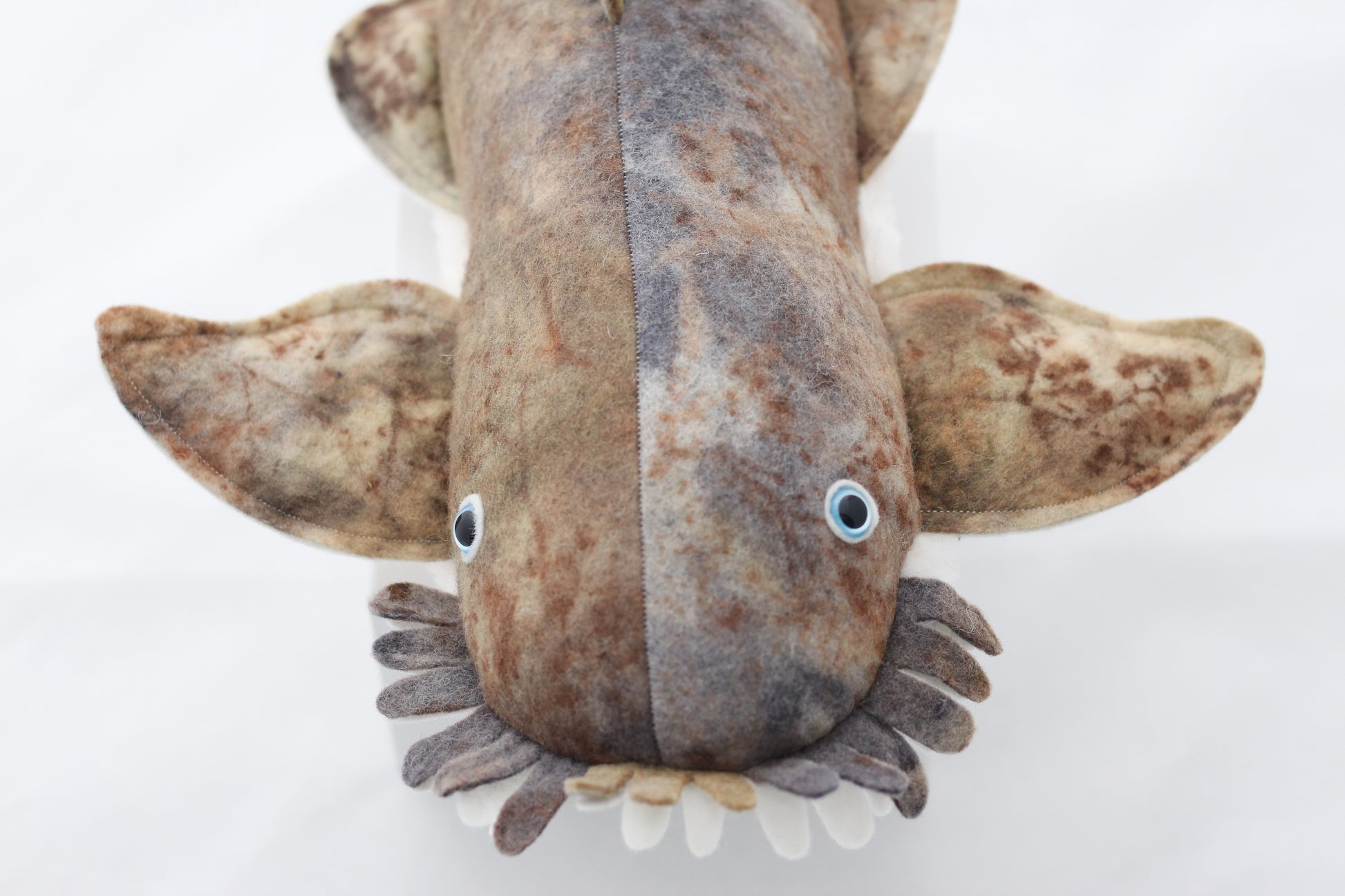 Plush toy wobbegong shark with brown and gray pattern on a white background