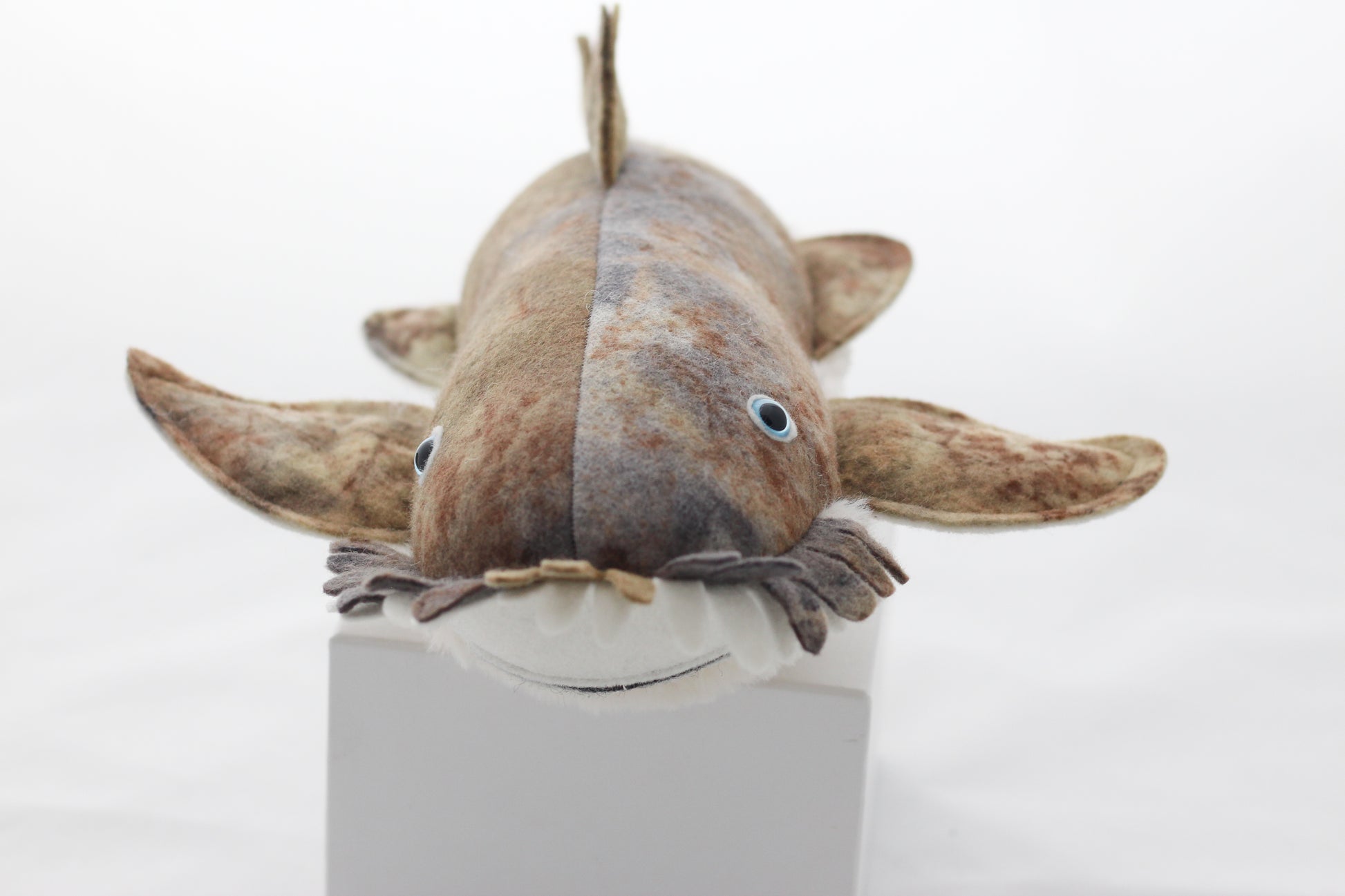 Plush wobbegong shark toy on a white pedestal with a white background