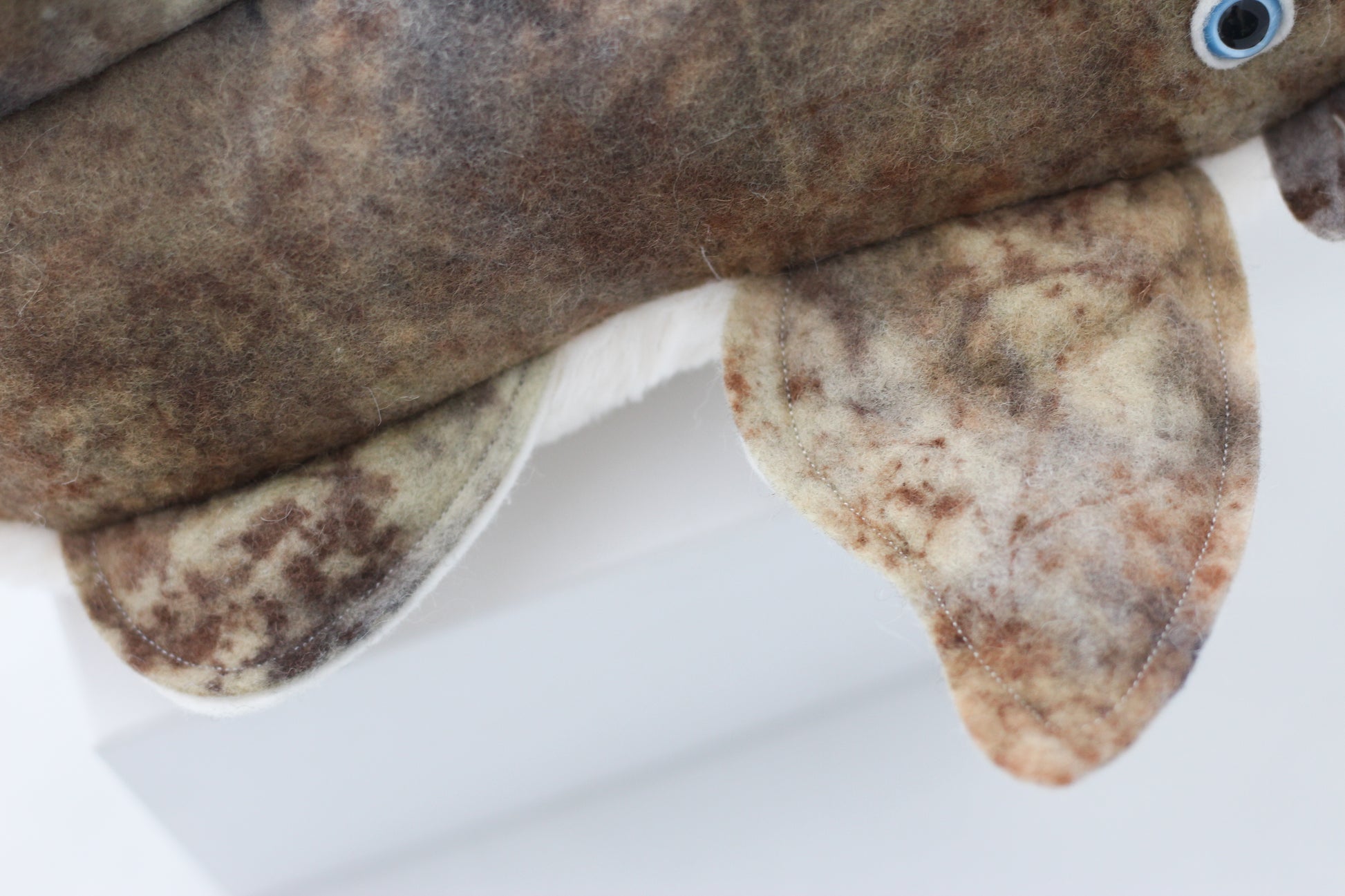 Close-up of a brown wobbegong shark plush toy on a white background