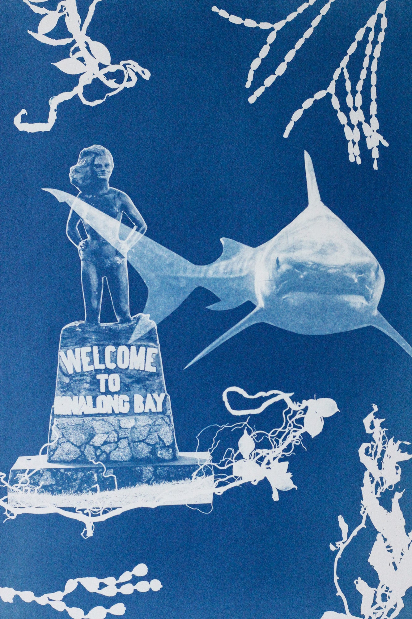 A Cyanotype print featuring Syrena of Binalong Bay and a Great White Shark surrounded by seaweed shapes.