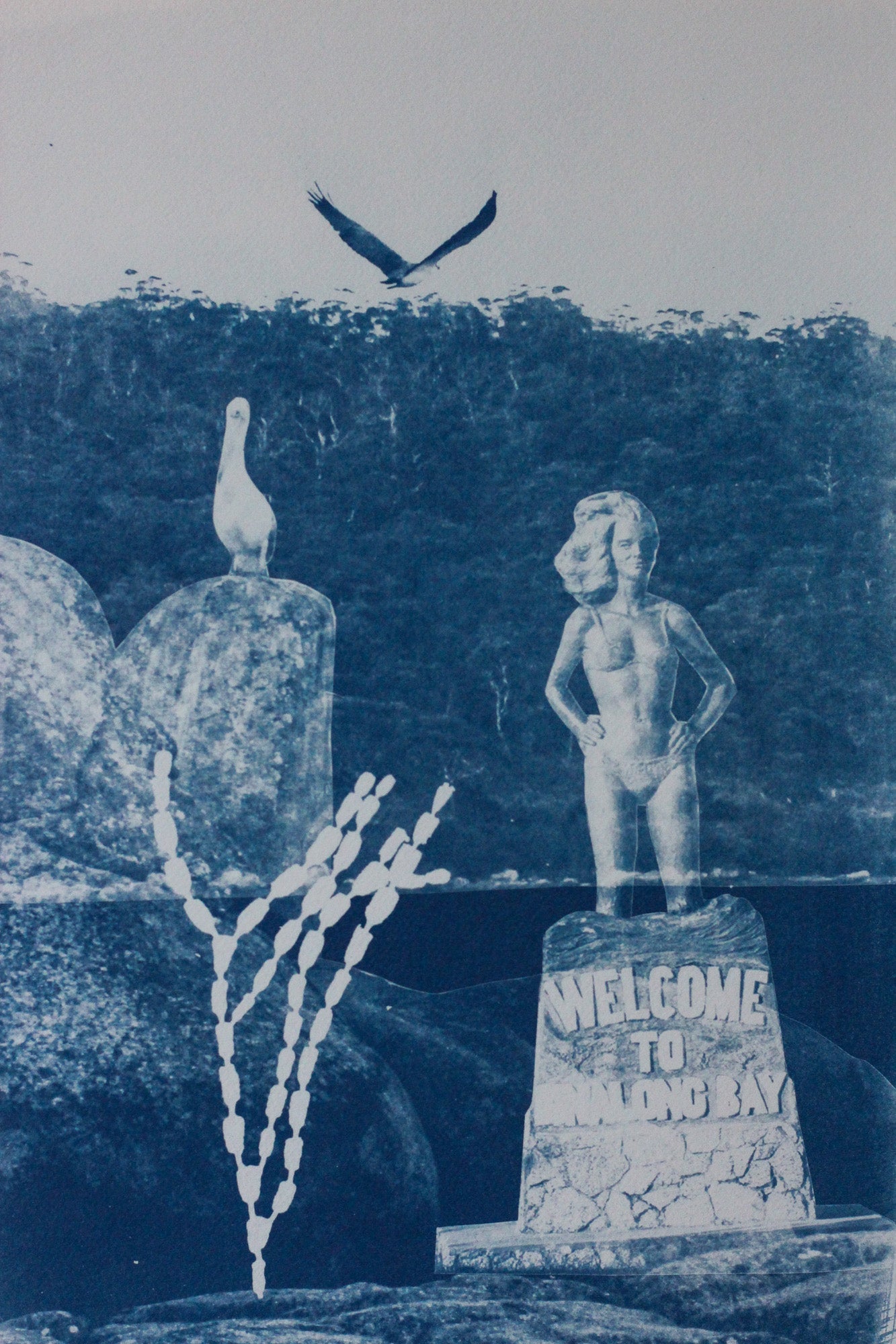 A blue and white cyanotype print artwork featuring a pelican, a sea eagle, and the Syrena of Binalong Bay statue overlooking Humbug point.