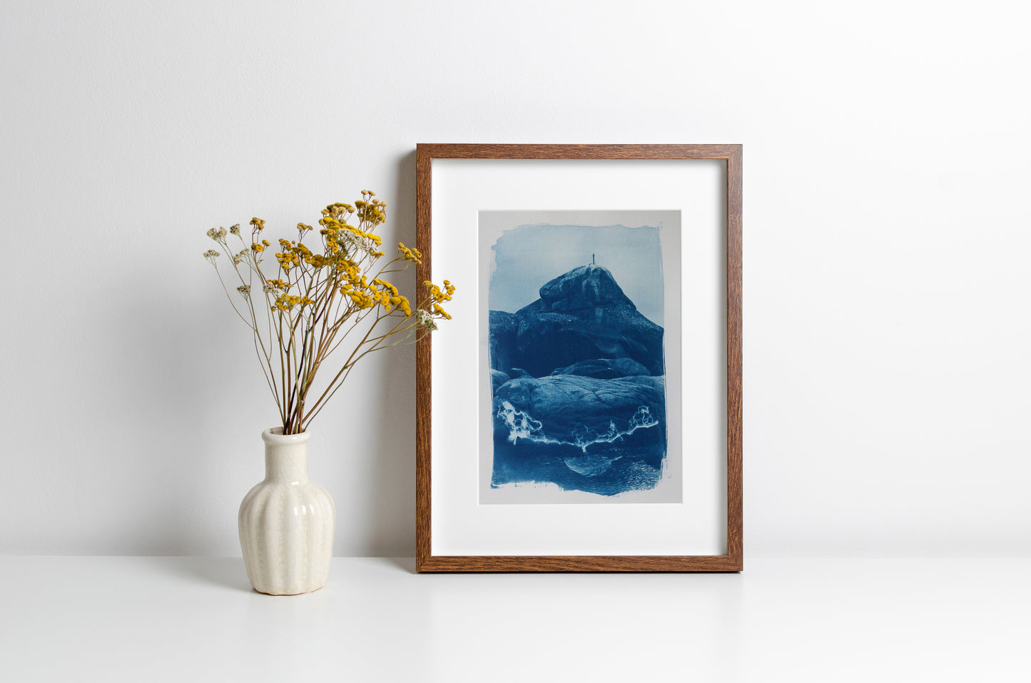 A framed and styles cyanotype-style art print depicting a pelican sitting atop rocky landscape with blue tones on white paper, photographed against a light neutral background.
