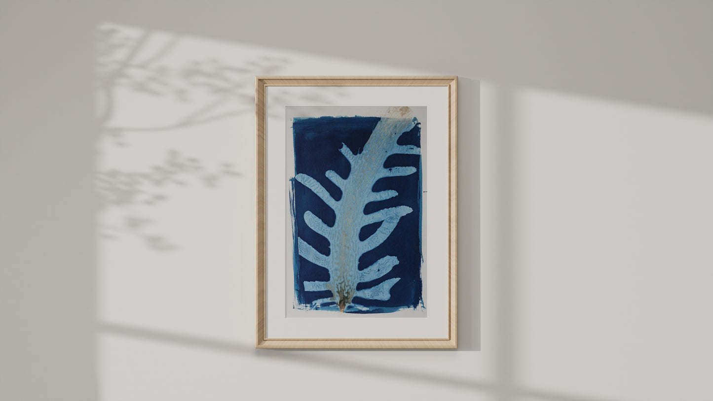 A framed art print featuring a blue and white seaweed print, displayed on a light gray wall with soft shadows cast across it.