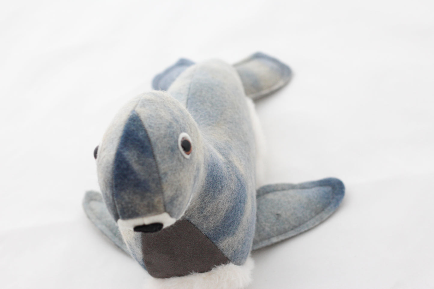 Blue plush toy seal on a white background